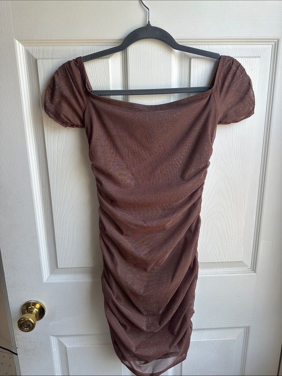 Windsor Dresses & Skirts - Windsor Brown Sparkle Ruched Off-Shoulder Mini Dress